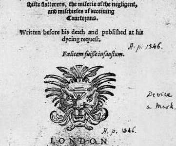 Title page of 1592 publication of Greene's Groatsworth of Wit, [Public domain], via Wikimedia Commons