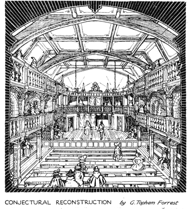 G. Topham Forrest - “Blackfriars Theatre: Conjectural Reconstruction” by G. Topham Forrest, The Times, 21 November 1921, p. 5. Drawing of the second Blackfriars Theatre according to legal descriptions of the times